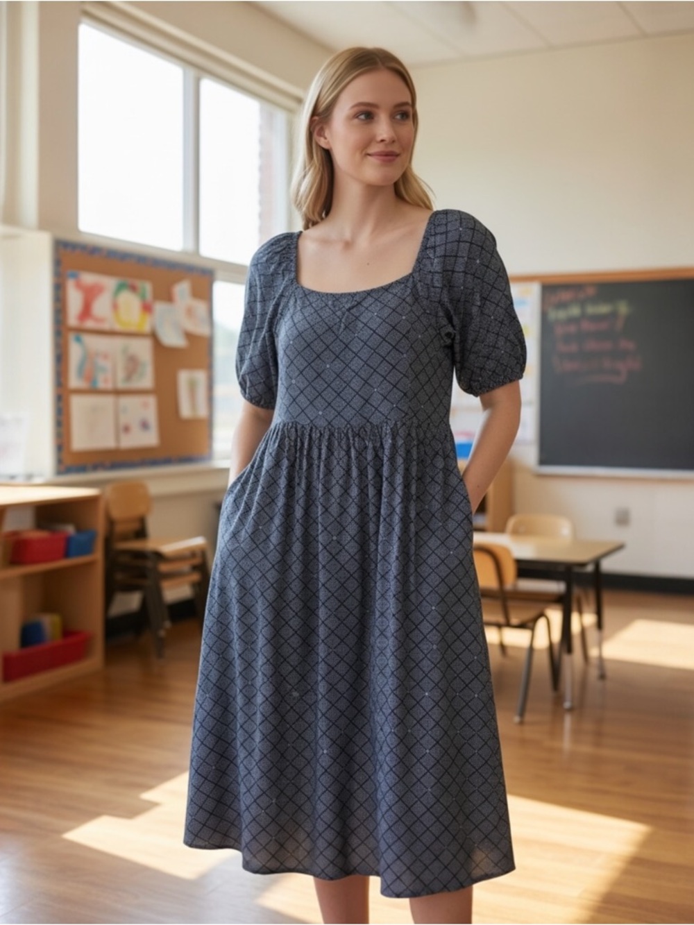 Womens A.N.A smocked Linen Babydoll Cottagecore Teacher Dress w/Pockets Medium